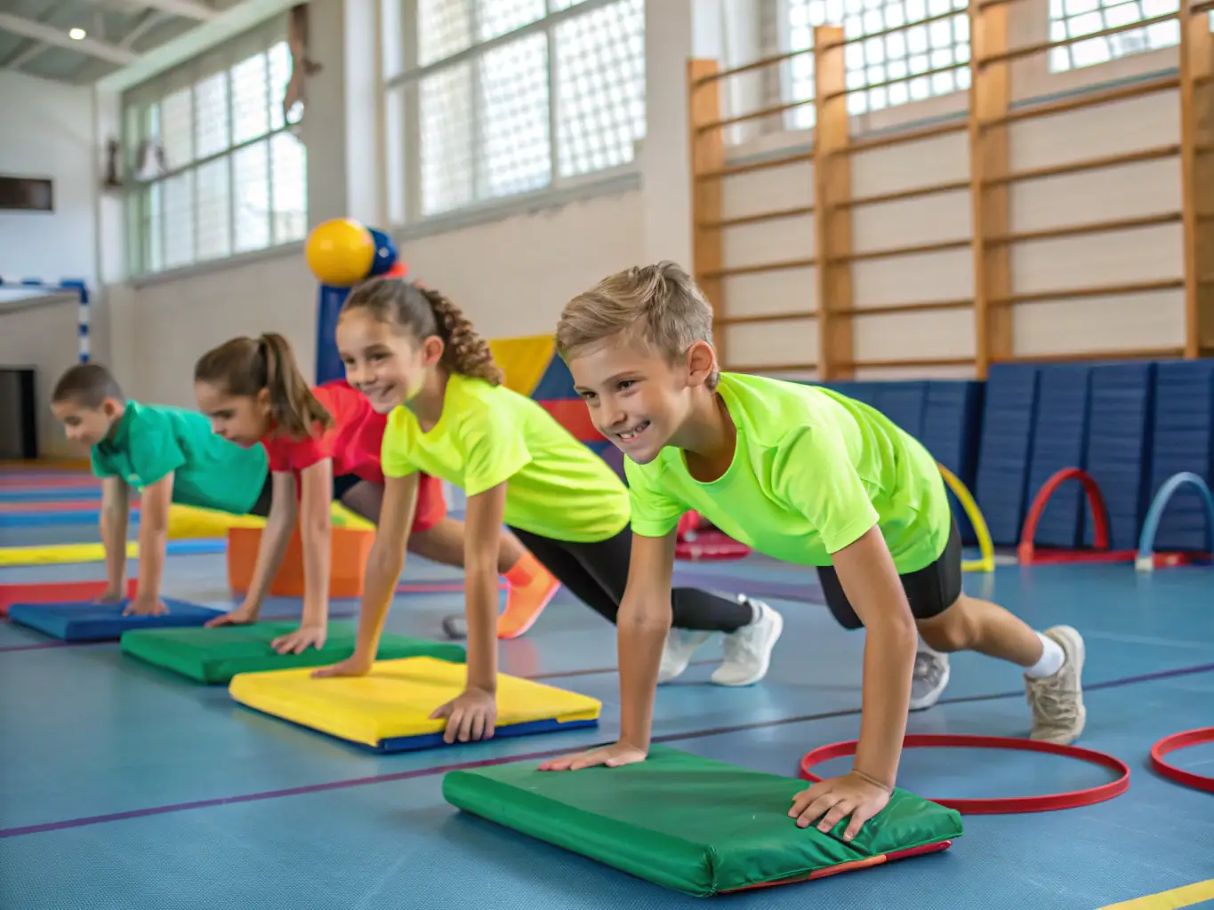A vibrant image depicting a group of children participating in a circus workshop, showcasing the educational outreach program of ASS CARRE MAGIQUE. The setting is a colorful and engaging environment, emphasizing learning and fun.