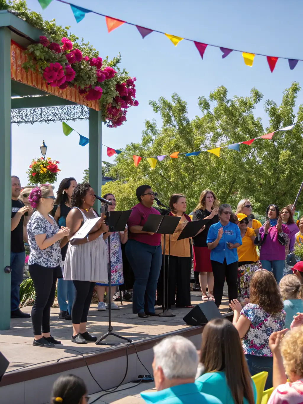 A photograph capturing a cultural outreach event in a local community, featuring performers interacting with residents and sharing artistic experiences.