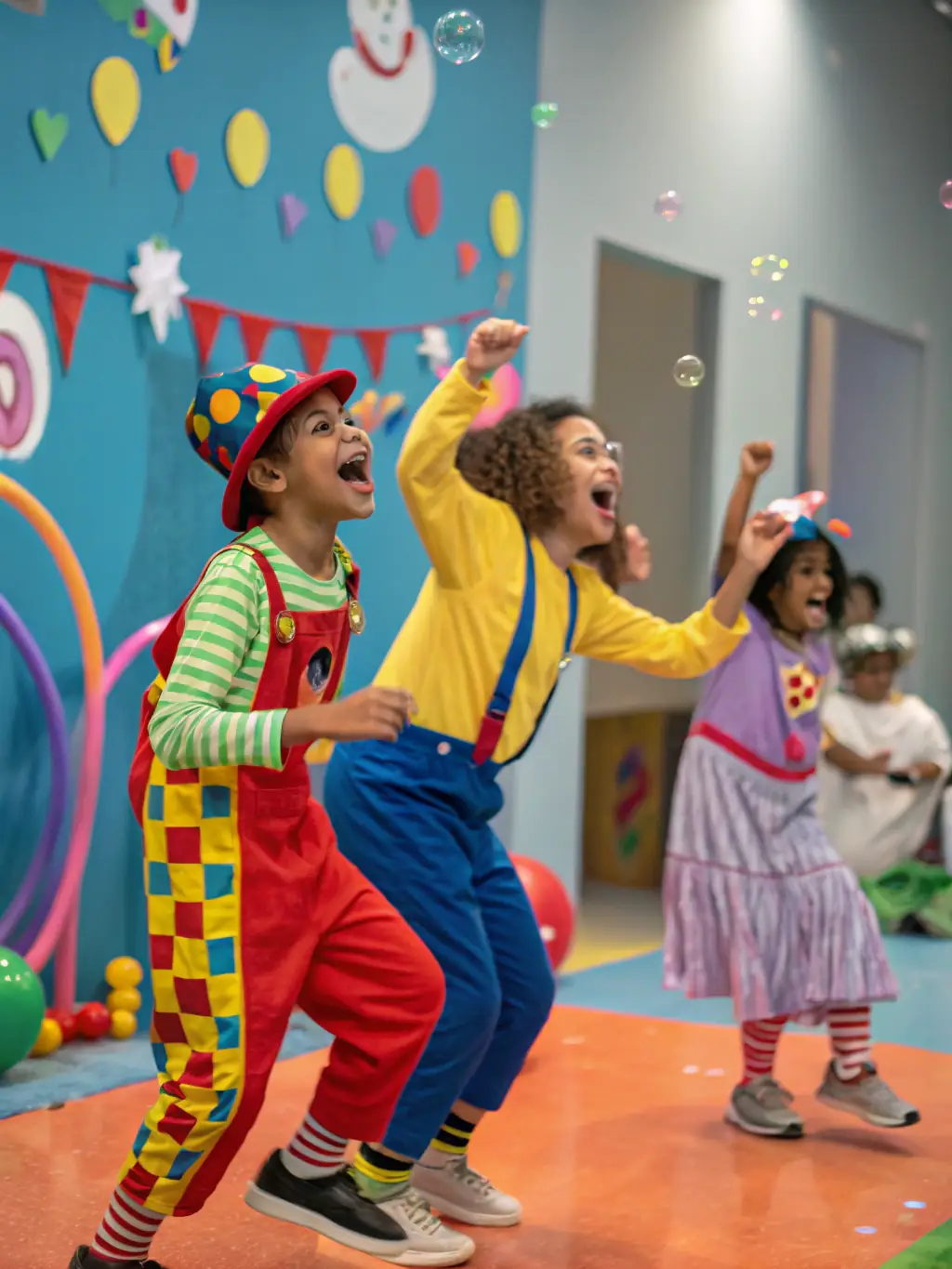 A dynamic image of a circus workshop, with children and adults actively participating in juggling and balancing exercises, set in a brightly lit studio.