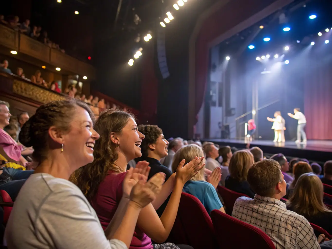 An engaging image of a diverse audience enjoying a performance at Carré Magique, representing the audience development initiative. The audience members are of various ages and backgrounds, reflecting the inclusive nature of the theater.