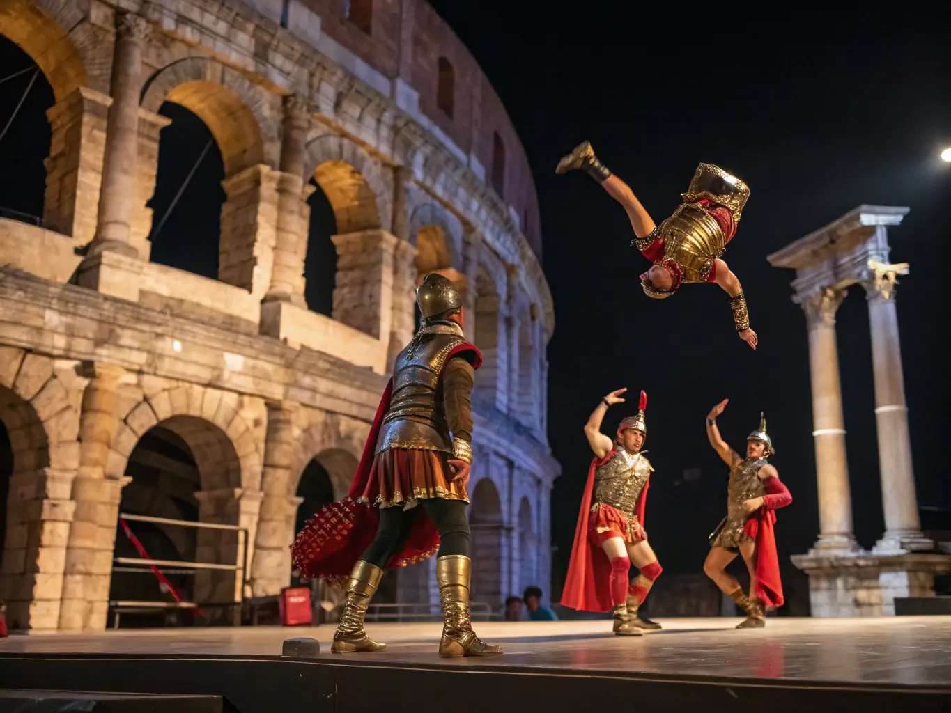 A captivating image of a contemporary circus performance at Carré Magique, highlighting the artistic creation initiative. The performers are engaged in a dynamic act, with a focus on skill and artistry.