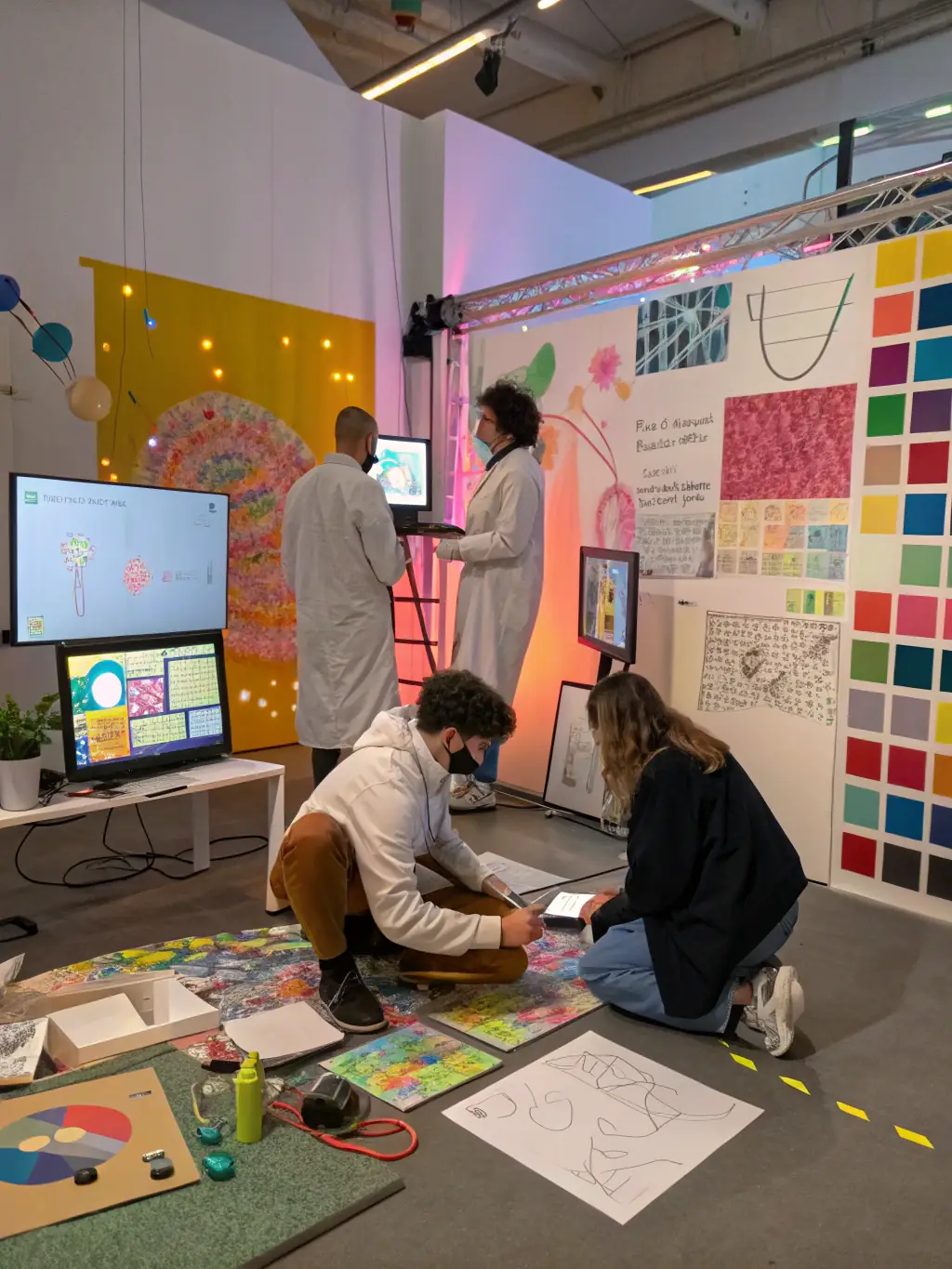 A behind-the-scenes image of artists collaborating on a new circus production, emphasizing ASS CARRE MAGIQUE's support for artistic creation and innovation.